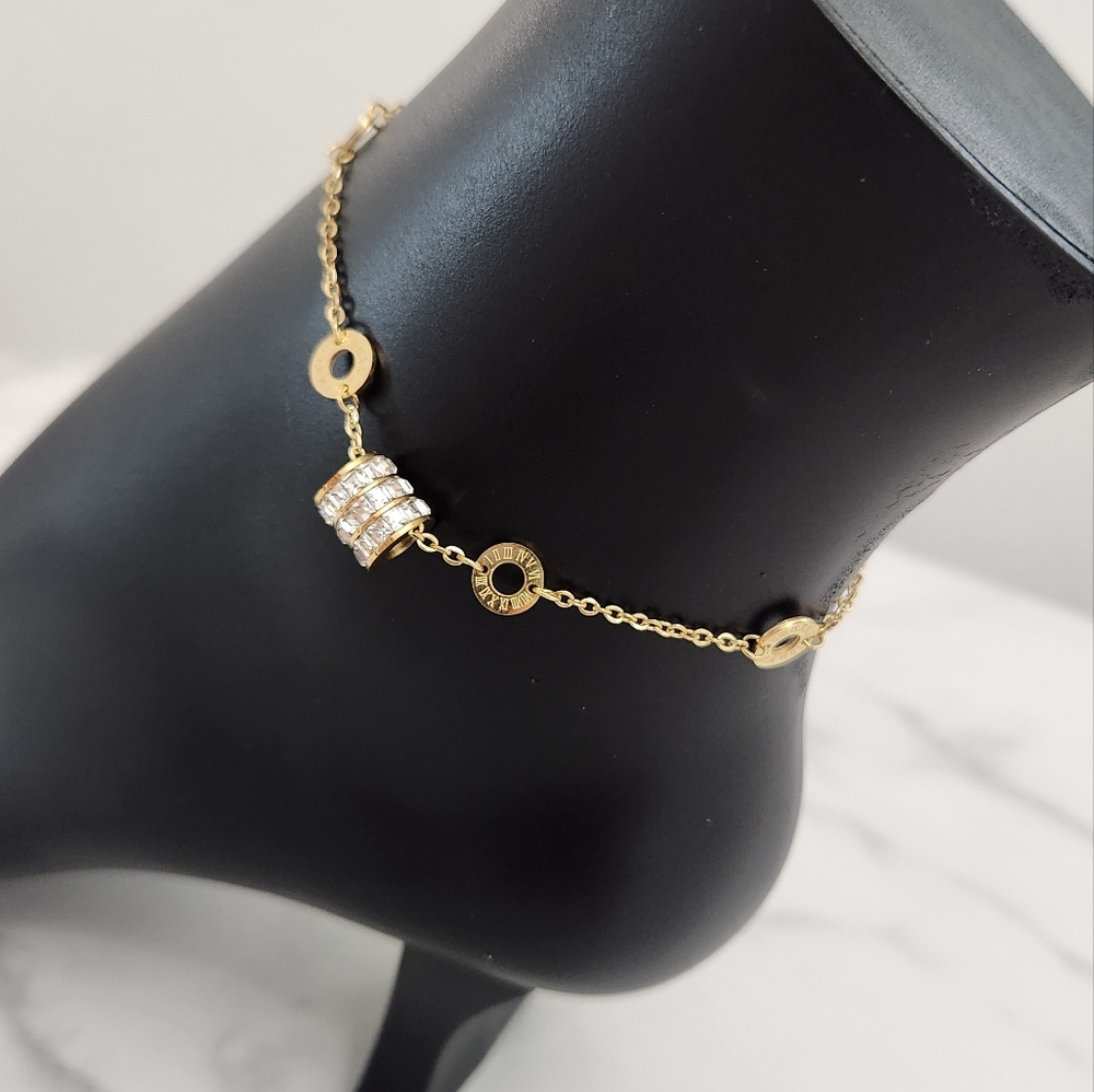 Gold Roman Numeral Anklet Crystal Stainless Steel Ankle Bracelet - Picture 5 of 16
